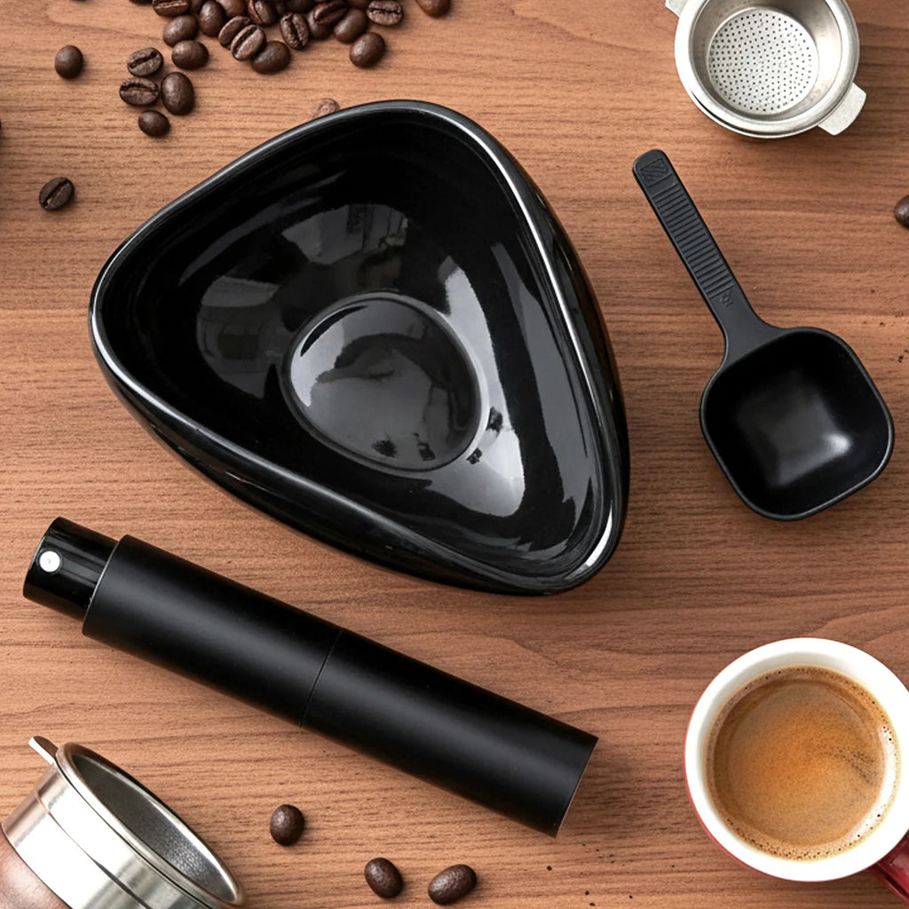 Coffee Bean Dosing Cup and Spray Bottle Kit - Ceramic Tray with Sprayer and Spoon, Perfect for Baristas and Espresso Enthusiasts
