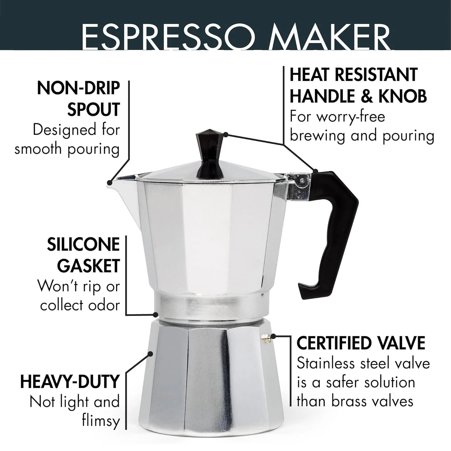 Classic Stovetop Moka Pot, Aluminum Espresso Maker with Replacement Parts, Cuban Coffee Maker for Home & Camping Use