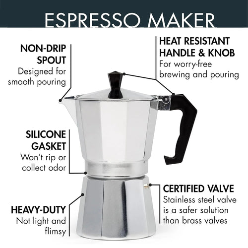 Classic Stovetop Moka Pot, Aluminum Espresso Maker with Replacement Parts, Cuban Coffee Maker for Home & Camping Use