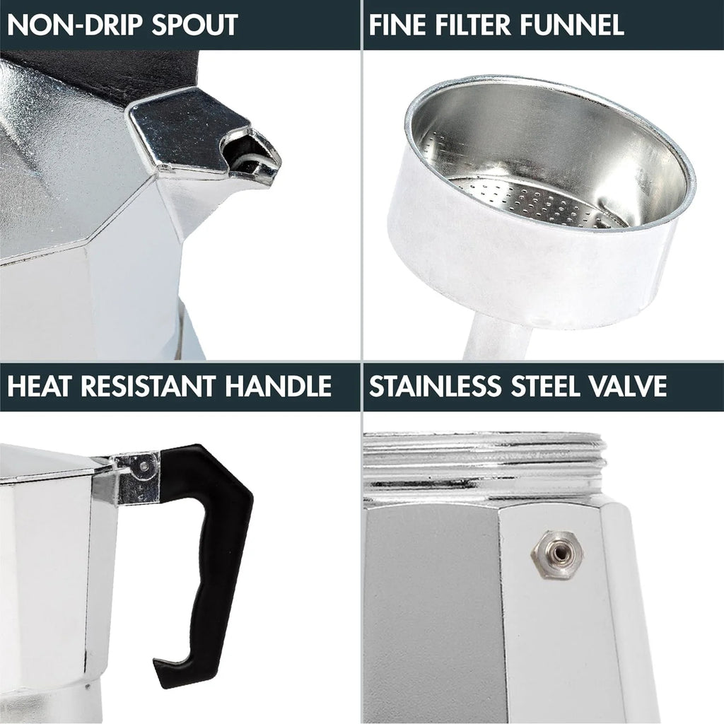 Classic Stovetop Moka Pot, Aluminum Espresso Maker with Replacement Parts, Cuban Coffee Maker for Home & Camping Use